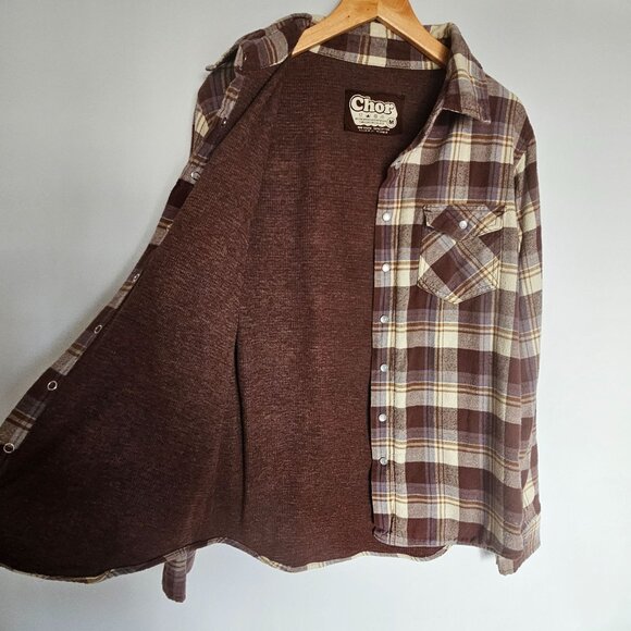 Chor Plaid Flannel Shirt Shacket Thermal Lining Pearl Snaps Pockets Size M Brown - Picture 4 of 14
